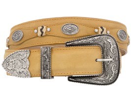 Concho Western Belt Cowboy Genuine Leather Studs Silver Buckle Buttercup... - $34.99