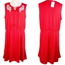 Joe Fresh Dress XL Bright Red White Embroidery Keyhole Tassel Tie Closur... - £23.05 GBP