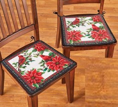 2 THICK REVERSIBLE CUSHION CHAIR PADS (15&quot;x15&quot;) CHRISTMAS BIRDS &amp; POINSE... - £21.66 GBP