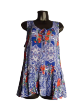 Lee Babydoll Sleeveless Patchwork Floral Semi Sheer Buttons Tie Neck Size Large - £13.98 GBP