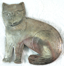 Handmade Etched Details Large Metal Cat Brooch - $25.99