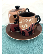 Hues N Brews Tea Set Brown Cuppa&#39; Joe Teapot Coffee Tea Cup Creamer Tray... - £43.36 GBP