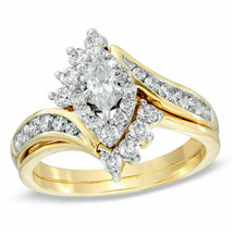 0.88Ct Marquise Cut Real Moissanite 14K Gold Plated Engagement Wedding Ring Set - £152.43 GBP