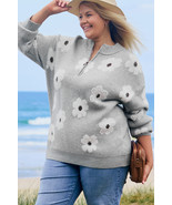Gray Plus Size Embroidered Floral Pattern Half Zip Sweater - $51.80 CAD
