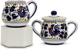 Sugar and Creamer Bowl Deruta Majolica Orvieto Rooster Blue Ceramic Dishwasher - £132.98 GBP