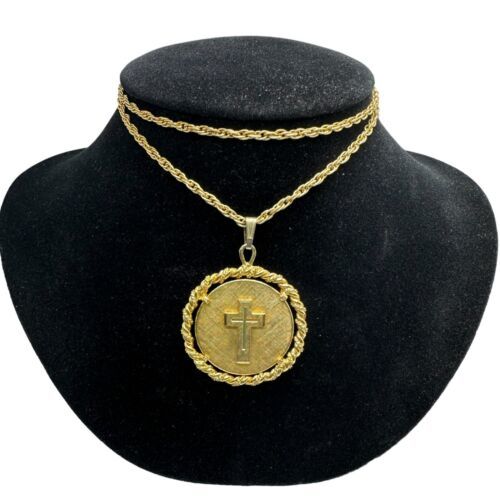 Praying Hands &amp; Cross 2 side Medal Necklace 24&quot; Chain Gold Toned Catholic - $27.00