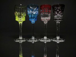 Faberge Colored Crystal Cordial Na Zdorovye Glasses 5 3/4" H x 2" at rim - $795.00