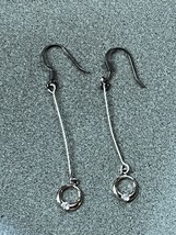 Dainty Thin Long Silvertone Bar w Open Circle &amp; 925 Marked Silver Ear Wires Dang - £8.82 GBP