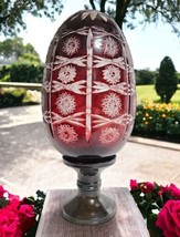 Czech Bohemian Style Ruby Red Cut to Clear Glass Egg w/Metal Threaded Base 8&quot;H - £35.30 GBP