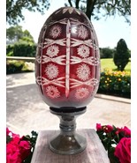 Czech Bohemian Style Ruby Red Cut to Clear Glass Egg w/Metal Threaded Ba... - £35.50 GBP