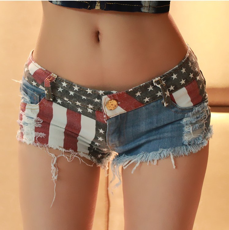 Primary image for Mid Waist Jeans Shorts Women USA Flag Printed Denim Pole Dance Sexy Hot Pants