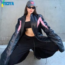 YICIYA Bomber Woman Varsity Jacket Pu Racing Black Leather Jacket 2022 Summer Bo - £179.24 GBP