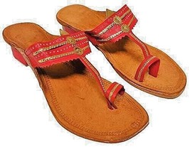 Damen Mädchen Kolhapuri Leder Chappal Ethnisch Flach Jutti US Size 5-12 Rot ST41 - $38.11