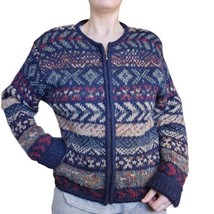 90s VTG Mohair Wool Blend Cardigan Sweater Full Zip Fair Isle Fuzzy Navy - £29.78 GBP