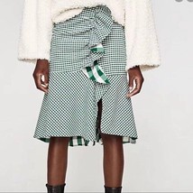 nwt $40 ZARA gingham ruffle skirt women&#39;s XS green+white TRF asymmetric hem mini - $14.84