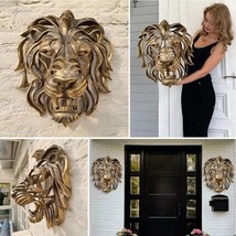 Large Lion Head Wall Mounted Art Sculpture Gold Color Resin Lion Head Art - $32.18+