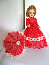 Vintage 1950&#39;s Tagged Mary Hoyer 14&quot; Red Southern Belle Hard Plastic w/ Parasol - £208.40 GBP