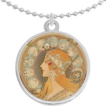 Art Nouveau La Plume Round Pendant Necklace Beautiful Fashion Jewelry - £8.43 GBP