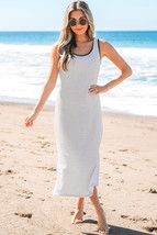 White Stripe Criss Cross Side Slits Slim Fit Sleeveless Midi Dress - $248.02 MXN
