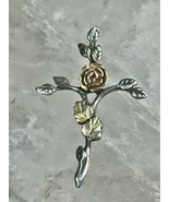 Cross Pendant Black Hills Gold religious rose flower leaves sterling sil... - $173.88 CAD