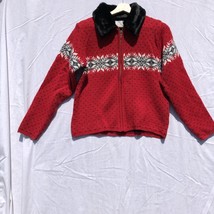 Jennifer Moore Red Black White Fair Isle Zip Up Cardigan Sweater Size S ... - £19.41 GBP