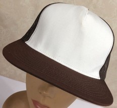 Blank Front Ballcap White / Brown Yupoong VTG Snapback Mesh Baseball Cap Hat - £10.75 GBP