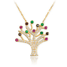 14K Solid Gold Evil Eye Multicolor CZ Pave Tree of Life Adjustable Necklace - £225.64 GBP