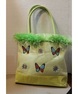LIME Green Canvas Butterfly Floral Daisy Embroidered Zippered Purse Fringe - $24.35 CAD