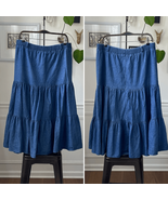 Vintage 80s 90s Carriage Court Cotton Denim Tiered midi Skirt L 10 - $37.95 CAD