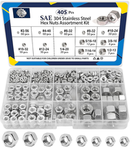 Stainless Steel Hex Nuts Assortment Kit - 405 Pcs SAE Sizes - $595.54 MXN