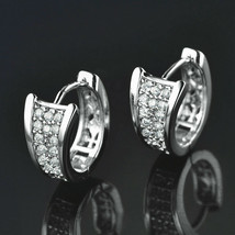 Huggie 14K White Gold Over Paved 0.98CT Diamond Crystal Women Hoop Earrings - £62.46 GBP