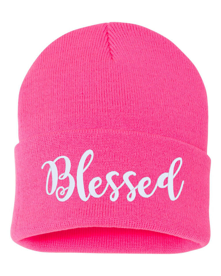 BLESSED Script Embroidered Cuffed Beanie Hat, Embroidered Gift, Winter Hat - $16.99