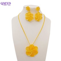 Dubai Ethiopia Gold Color Jewelry Set For Women Long Chain Flower Tassel Necklac - £34.43 GBP