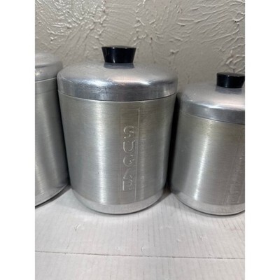 Vintage MCM Spun Aluminum Canister Set Flour Sugar Coffee Tea Lids Black Grease Item image 3