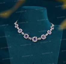 Women&#39;s Cluster Necklace 22Ct Cushion Cut Simulated Sapphire 925 Sterling Silver - £311.90 GBP