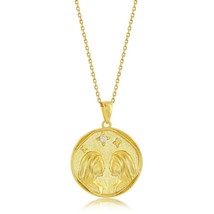 Sterling Silver &#39;GEMINI&#39; CZ Zodiac Circle Pendant w/Chain - Gold Plated - £56.54 GBP