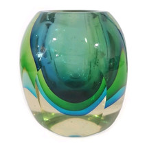 Murano Art Glass Sommerso Vase Geometric Mid Century Modern Italy Green Blue - £70.68 GBP