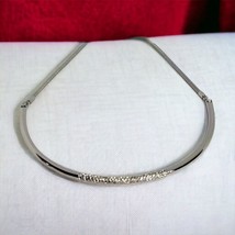 Signed Chico&#39;s Curved Bar Necklace Clustered Clear Rhinestones Silver Tone 16&quot;+ - $13.40