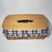 Longaberger WoodCrafts 2001 12.5x7.5&quot; Tissue Basket w Lid Plaid Ruffled ... - £48.17 GBP