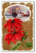 Poinsettia Flowers Landscape Icicles Christmas Greeting Embossed DB Postcard O18 - £4.49 GBP