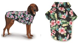 Hawaiian Dog Shirt Black Aloha Tropical Hibiscus Island Beach Scene Print Airy ! - £15.73 GBP+