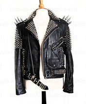 New Women&#39;s Handmade Black Colour Silver Genuine Studded Leather Jacket-778 - £335.84 GBP