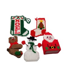 Vintage Christmas Decorations Plastic Canvas Crafts Stocking Snowman Santa Teddy - £10.69 GBP