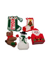 Vintage Christmas Decorations Plastic Canvas Crafts Stocking Snowman San... - £10.60 GBP