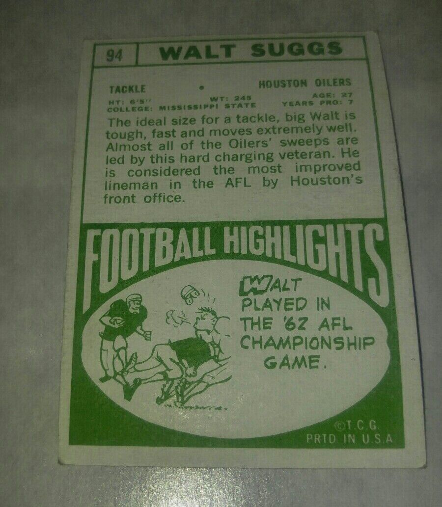 Vintage 1968 Topps # 94 Walt Suggs Football Card Houston Oilers Item image 2