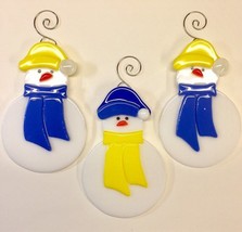 Blue &amp; Gold Snowman Large Fused Glass Ornament - £28.71 GBP