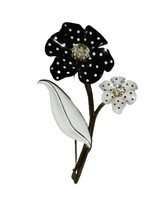 Vintage Signed AVON NR Black &amp; White Polka Dot Rhinestone Flower Enamel Brooch - £15.62 GBP