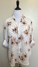 Maurices Top Size Large White Blush Pink Floral Button Up Roll Tab Sleeve Blouse - $33.66