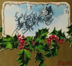 Santa Claus Christmas Postcard Blue Reindeer Holly HI Robbins 1908 Unused 1062 - £10.72 GBP