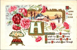 New Year Embossed Pink Flowers Country Snow Covered House Antique Postcard - £5.99 GBP